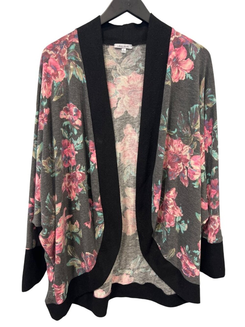 White Birch Cardigan Large Floral Open Front Long Sleeve Black Pink Bohemian